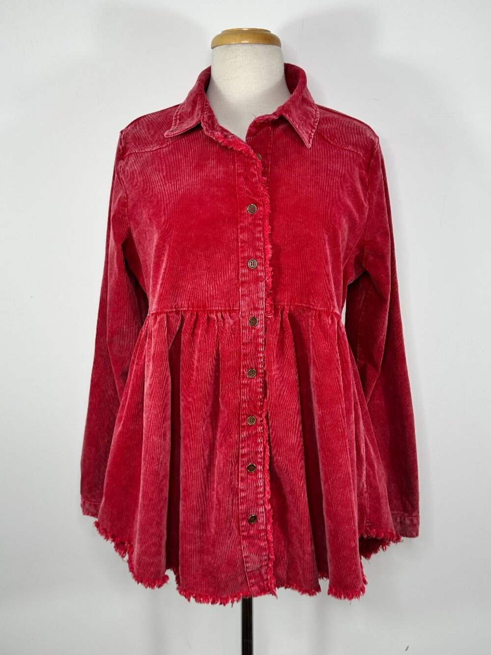 UMGEE Pink Corduroy Button Up Shirt Shacket Frayed Hem Long Sleeve Women's Sz M